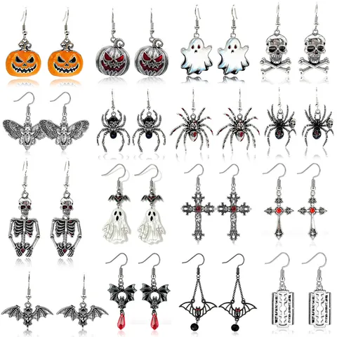 Vintage Halloween Oorbellen Voor Dames Gothische Pompoen Geest Spin Skelet Vleermuis Oorbel Set Emaille Sieraden