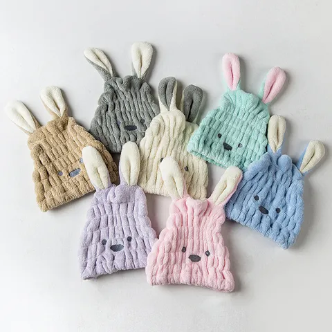 Cuffia per Asciugare i Capelli in Pile Corallo Orecchie da Coniglio Cartone Animato Altamente Assorbente Asciugatura Rapida Donna Morbida Microfibra