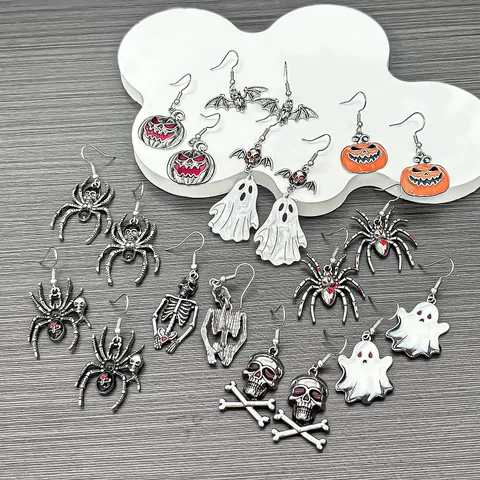 Vintage Halloween Oorbellen Voor Dames Gothische Pompoen Geest Spin Skelet Vleermuis Oorbel Set Emaille Sieraden