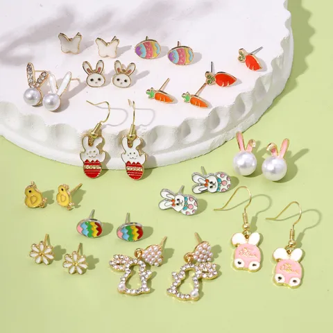 Pasen Emaille Oorknopjes Kleurrijke Zinklegering Konijn Wortel Ei Bloem Oorbellen Voor Dames Festival Sieraden Cadeau Met Roestvrij Stalen Stift
