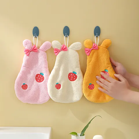 Hanging Hand Towel Cute Cartoon Rabbit Strawberry Embroidery Coral Fleece Absorbent Kitchen Bathroom Wipe Towel