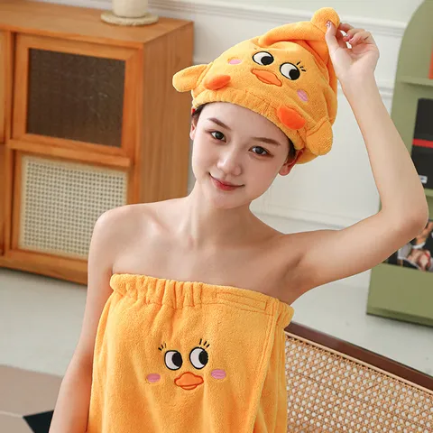 Süße Cartoon Ente Korallenfleece Trockenhaarkappe Saugfähiges Badetuch Schnelltrocknend Duschhaube Badetrockenhaube Set Damen Badaccessoires