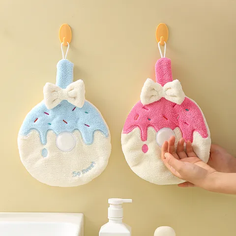 Cute Donut Shaped Hand Towels Coral Fleece High Absorbent Hanging Towels With Bowknot For Kitchen Bathroom Home Decor Hand Towel