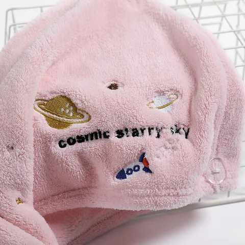Coral Fleece Dry Hair Cap Quick Drying Water Absorbent Hair Towel Wrap With Button Cute Embroidery Women Hair Drying Cap