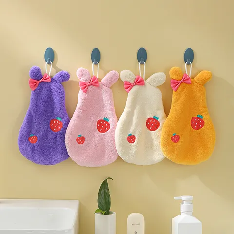 Hanging Hand Towel Cute Cartoon Rabbit Strawberry Embroidery Coral Fleece Absorbent Kitchen Bathroom Wipe Towel