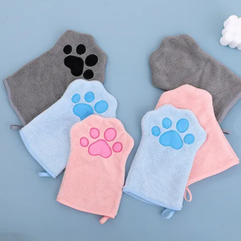Pet Bath Towel Cat Dog Absorbent Quick Drying Cleaning Supplies Cute Paw Shape Coral Fleece Soft Glove Pet Towel
