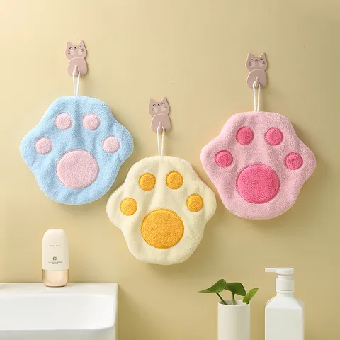 Hanging Cat Paw Hand Towel Soft Coral Fleece Absorbent Wipe Towel Cartoon Animal Design For Kitchen And Bathroom