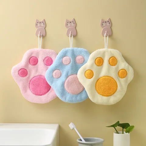 Hanging Cat Paw Hand Towel Soft Coral Fleece Absorbent Wipe Towel Cartoon Animal Design For Kitchen And Bathroom