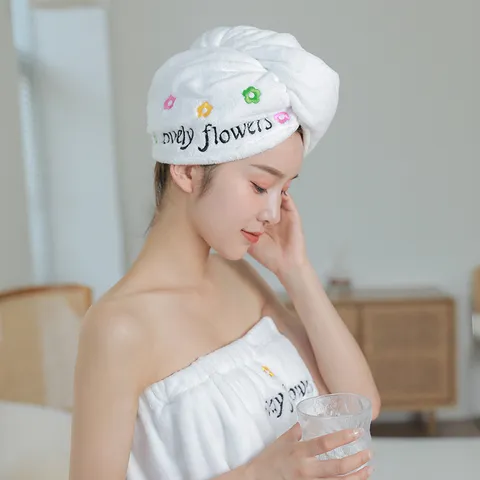 Coral Fleece Dry Hair Cap Cute Cartoon Embroidered Quick Drying Absorbent Towel Wrap Cap For Women Bathroom Bathing