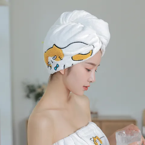 Coral Fleece Dry Hair Cap Cute Cartoon Embroidered Quick Drying Absorbent Towel Wrap Cap For Women Bathroom Bathing