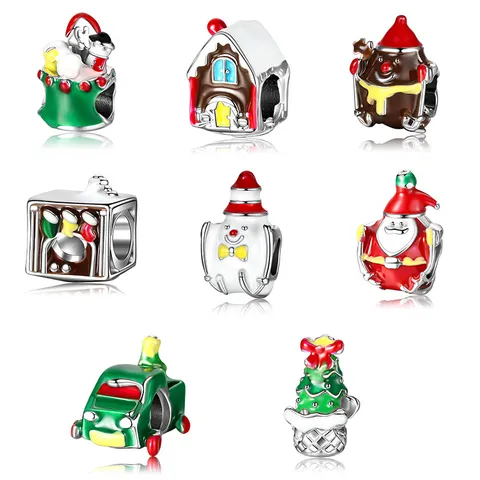 DIY Christmas Charms Beads For Jewelry Making Alloy Enamel Santa Claus Tree Gingerbread House Snake Chain Bracelet Accessories