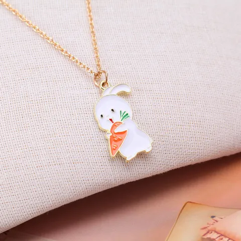 Cartoon Cute Alloy White Rabbit Holding Carrot Pendant Necklace Gold Water Wave Chain For Women Kids Easter Gift Jewelry