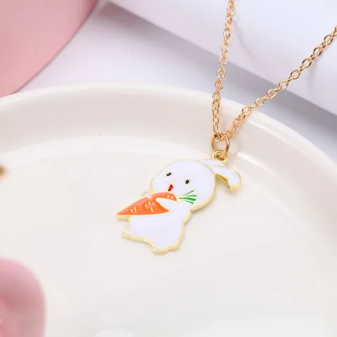 Cartoon Cute Alloy White Rabbit Holding Carrot Pendant Necklace Gold Water Wave Chain For Women Kids Easter Gift Jewelry