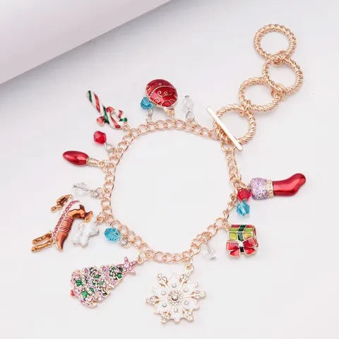 Christmas Alloy Enamel Drip Oil Bracelet Necklace For Women Snowflake Tree Deer Pendant Festive Jewelry Gift Gold Color