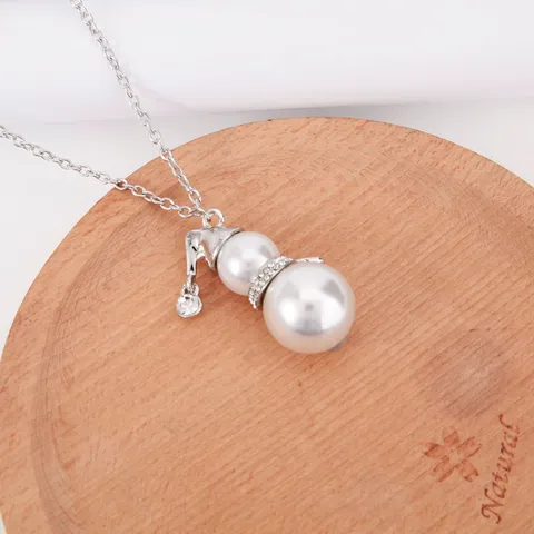 Collier Pendentif Bonhomme de Neige de Noël Alliage Perle Artificielle Strass Chaîne de Pull Longue pour Femmes Cadeau Bijoux