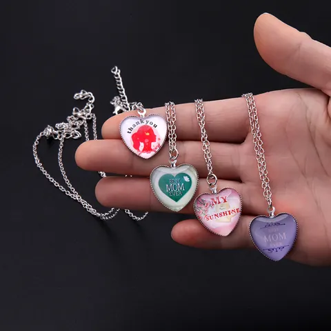 Moederdag Cadeau Hartvorm Mom Hanger Halsketting Legering Glas Cabochon Zilveren Ketting Voor Dames Sieraden Bloem Letter Ontwerp