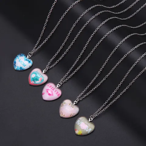 Moederdag Cadeau Hartvorm Mom Hanger Halsketting Legering Glas Cabochon Zilveren Ketting Voor Dames Sieraden Bloem Letter Ontwerp