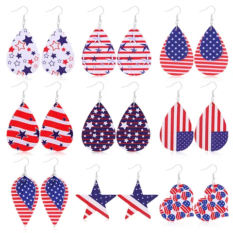 Pendientes de Cuero del Día de la Independencia Estrellas Rayas Bandera USA Lágrima Corazón Estrella Ganchos para el 4 de Julio Mujeres