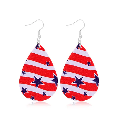 Pendientes de Cuero del Día de la Independencia Estrellas Rayas Bandera USA Lágrima Corazón Estrella Ganchos para el 4 de Julio Mujeres