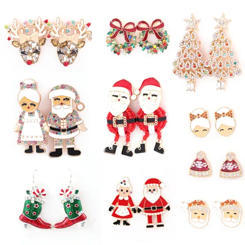 Weihnachtsserie Legierung Strass Ohrringe Weihnachtsmann Rentier Kranz Weihnachtsbaum Ohrstecker Für Damen Festlicher Schmuck