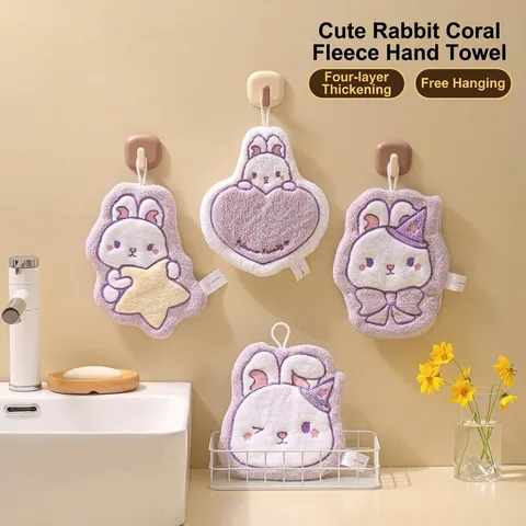 Cute Cartoon Animal Rabbit Coral Fleece Hand Towel Thickened Embroidered Absorbent Quick Dry Hanging Towel For Kitchen Bathroom Home Daily Towel