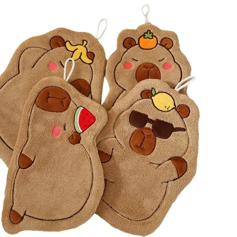 Cute Capybara Hanging Hand Towel Thickened Coral Fleece Absorbent Wipe Towel For Kitchen Bathroom Cartoon Fruit Design
