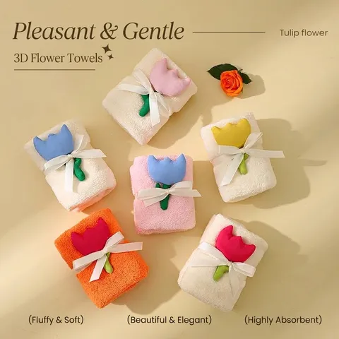 Creative Coral Fleece Gift Towel 3D Tulip Flower Absorbent Square Hand Towel For Wedding Souvenir Home Bathroom Hanging Face Towel