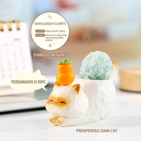 Mignon Chat Énergie PAI Figurine en Résine Boîte Aveugle Style Guérison Statues de Chat de la Chance Avec Pierres de Cristal Naturelles Décoration Maison Bureau Cadeau Enfant