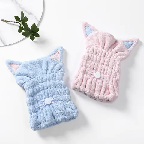 Cartoon Cat Ear Hair Drying Cap Absorbent Coral Fleece Quick Dry Shower Hat For Women Girls Home Bathroom Spa Gift