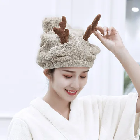 Cartoon Geweih Korallenvlies Haartrocknungskappe Hoch Saugfähig Schnell Trocknend Damen Kinder Badezimmer Weiche Mikrofaser Duschhaube
