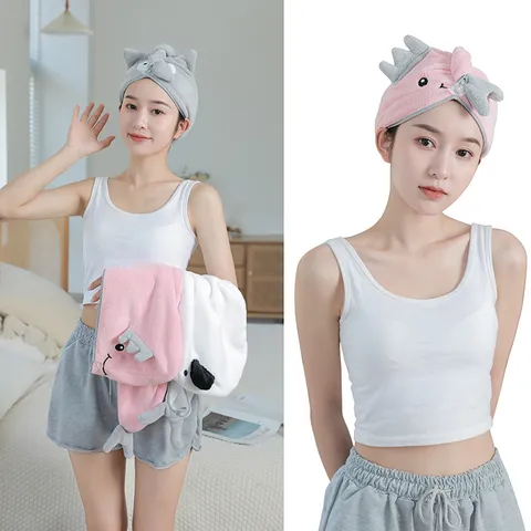 Cartoon Animal Coral Fleece Hair Drying Cap Soft Absorbent Quick Drying Cute Bath Towel Turban For Women Hair Care
