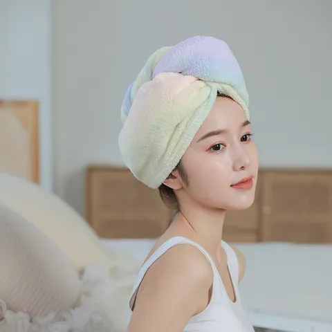 Rainbow Coral Fleece Dry Hair Cap Soft Absorbent Quick Drying Thickened Head Wrap Hair Towel Hat For Women