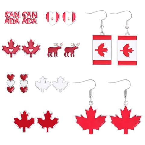 Canada Dag Rood Esdoornblad Vlag Oorbel Legering Emaille Hart Eland Letter Oorknopjes Voor Vrouwen Feestelijke Sieraden Cadeau