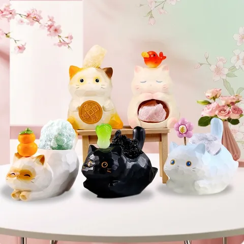Ornement de Chat en Résine Avec Pierre Naturelle Statue Décorative Créative Blind Box pour Maison Bureau Bureau Cadeau