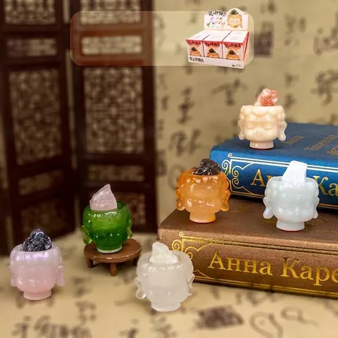 Statue en Résine Tête de Bouddha Zen Saint Patron Blind Box Ornement de Bureau avec Pierre Naturelle Décoration Cadeau