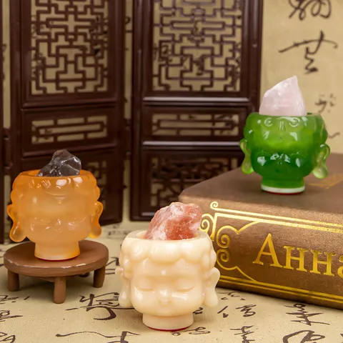 Statue en Résine Tête de Bouddha Zen Saint Patron Blind Box Ornement de Bureau avec Pierre Naturelle Décoration Cadeau