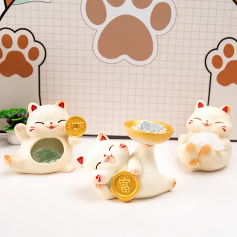 Lucky Cat Crystal Blind Box Resin Figurine Cute Animal Maneki Neko Desk Ornament With Natural Stone Crystal Desktop Decor For Office Gift