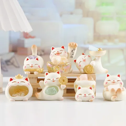 Lucky Cat Blind Box Crystal Resin Figurine Desktop Ornament Cartoon Maneki Neko Craft Home Office Decor Cute Healing Gift