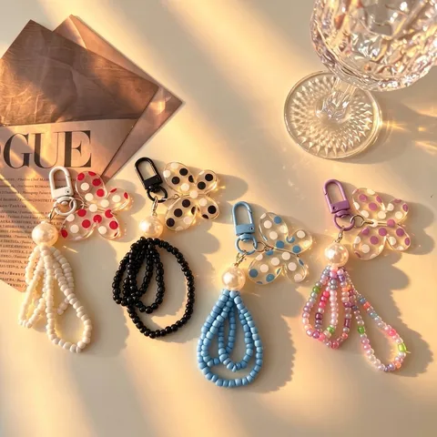 Handmade Beaded Butterfly Phone Charm Acrylic Artificial Pearl Phone Lanyard Keychain Bag Charm For Women Decorative Pendant