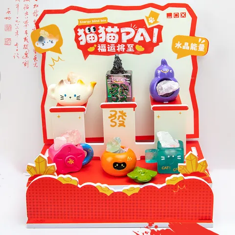 Serie Cat PAI Lucky Fortune Caja Sorpresa Figuritas de Gato de Resina Adornos de Escritorio Cristal Natural Piedra de Energía Miniaturas Decoración