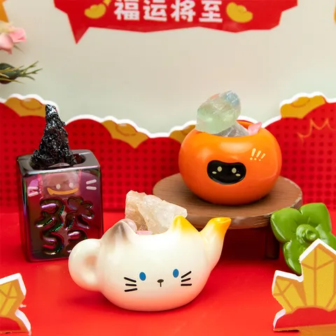Serie Cat PAI Lucky Fortune Caja Sorpresa Figuritas de Gato de Resina Adornos de Escritorio Cristal Natural Piedra de Energía Miniaturas Decoración