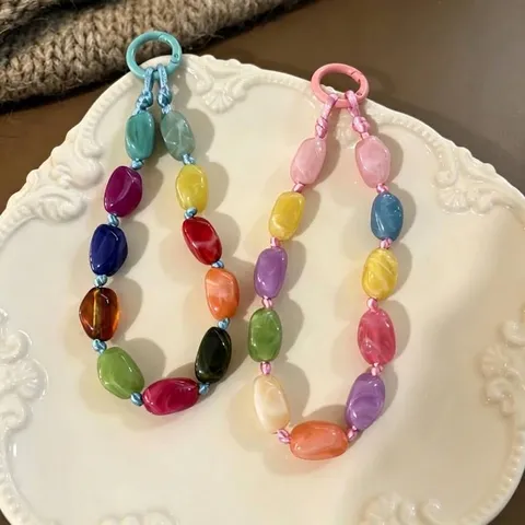 Handmade Irregular Stone Beaded Phone Chain Wrist Lanyard Marble Texture Resin Anti-lost Strap For Women Daily Accessory
