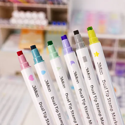 Children Stamp Watercolor Pens Dual Tip Fluorescent Marker Pens Cute Graphic Journal DIY Colorful Highlighters