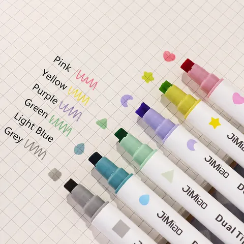 Children Stamp Watercolor Pens Dual Tip Fluorescent Marker Pens Cute Graphic Journal DIY Colorful Highlighters