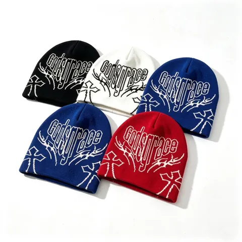 Hip Hop Streetwear Acrylic Beanie Hat Double Sided Jacquard Letter Cross Pattern Warm Knit Hat For Men Women Winter Skateboard Cap