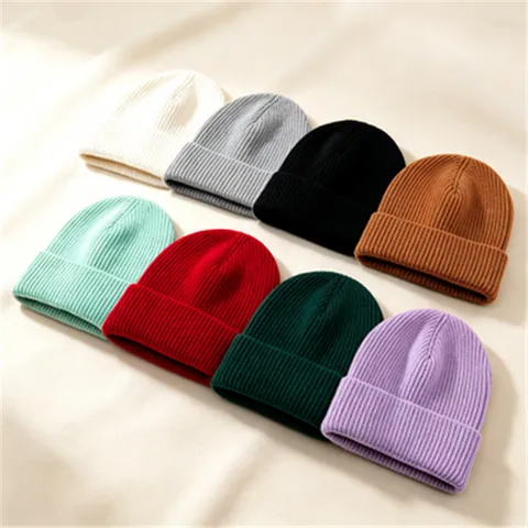 Winter Dicke Warme Strickmütze Acryl Einfarbig Rippenstrick Umschlag Winddicht Outdoor Beanie Für Herren Damen