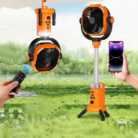 Portable Camping Fan Rechargeable Outdoor Tripod Fan With Led Light Remote Control Multifunctional Battery Operated Fan