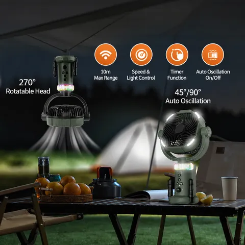 Portable Camping Fan Rechargeable Outdoor Tripod Fan With Led Light Remote Control Multifunctional Battery Operated Fan