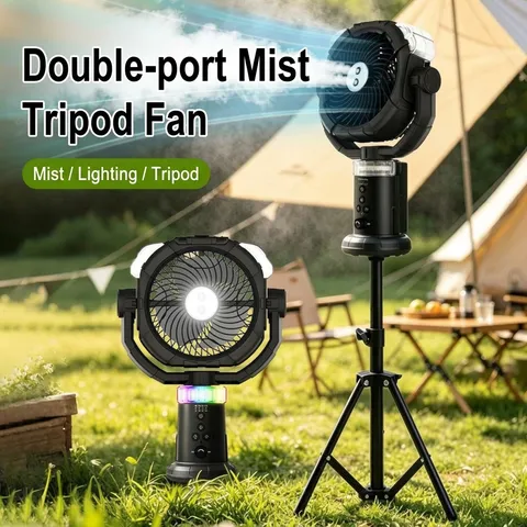 Portable Outdoor Camping Fan With LED Light Dual Mist Spray Tripod Stand Rechargeable Cooling Fan For Tent Travel