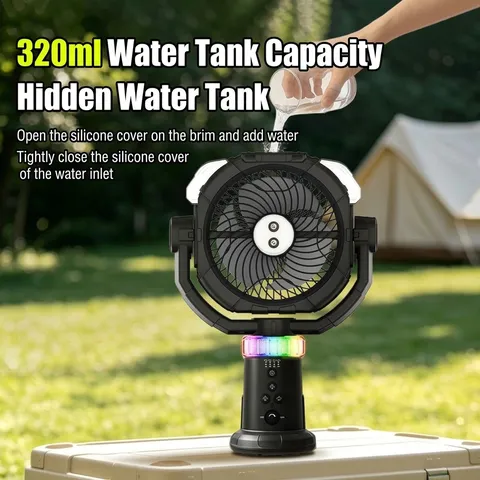 Portable Outdoor Camping Fan With LED Light Dual Mist Spray Tripod Stand Rechargeable Cooling Fan For Tent Travel